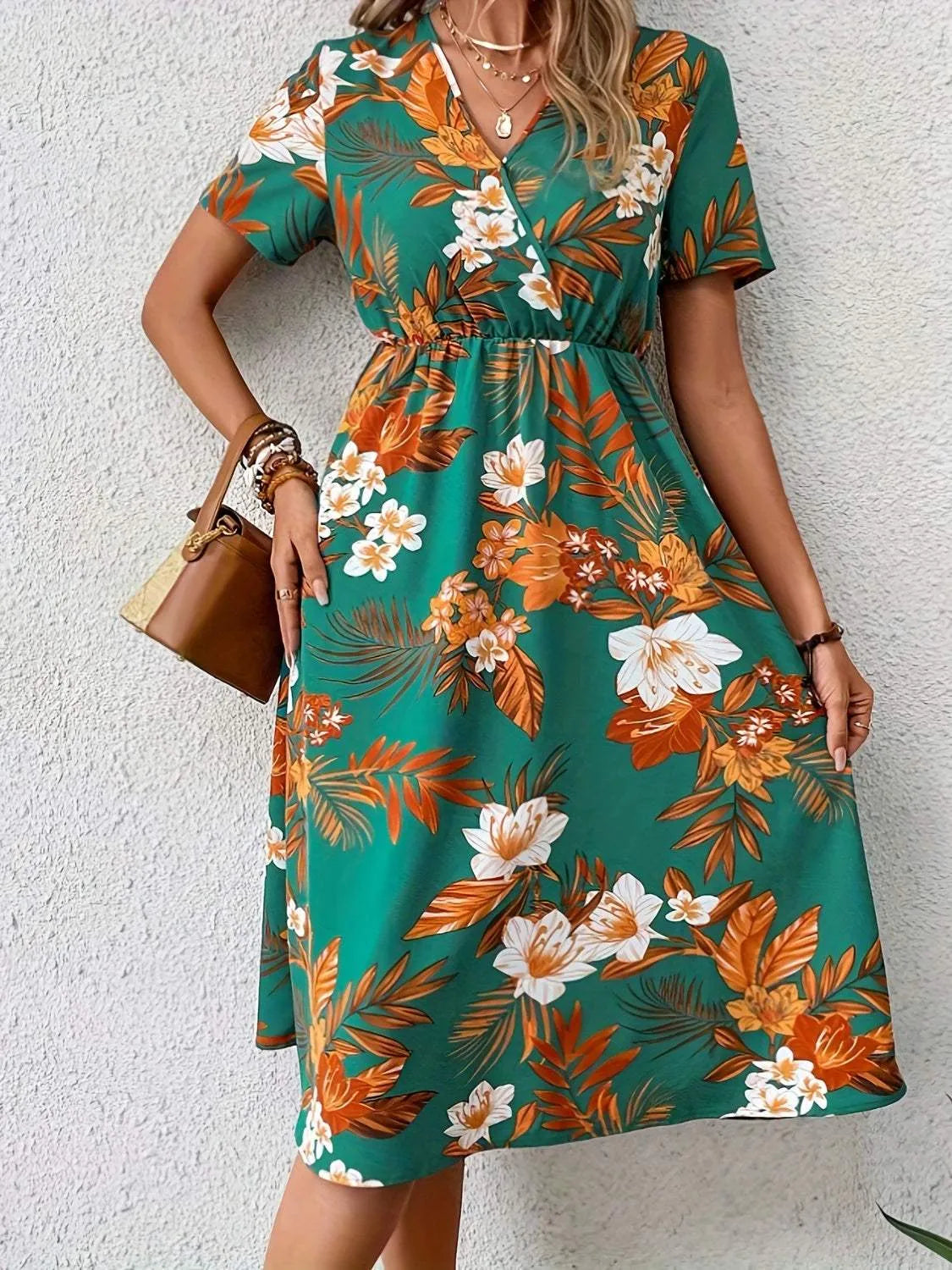 Floral Surplice Short Sleeve Dress Teal Casual Dresses - Tophatter Daily Deals
